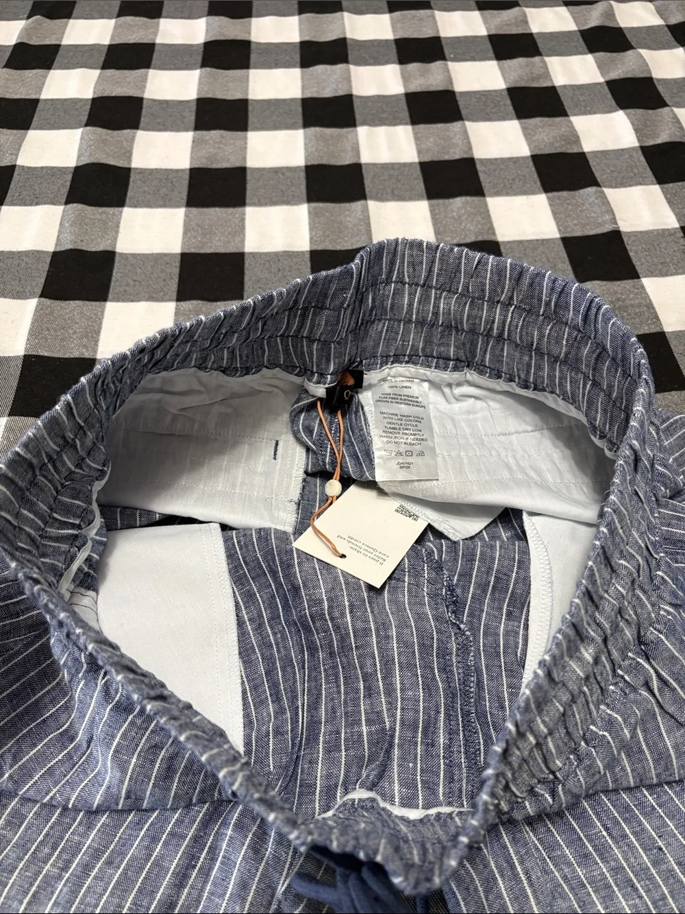 Quince Blue White Stripe Wide Leg Chambray Linen Pants Womens Large Pull On Crop